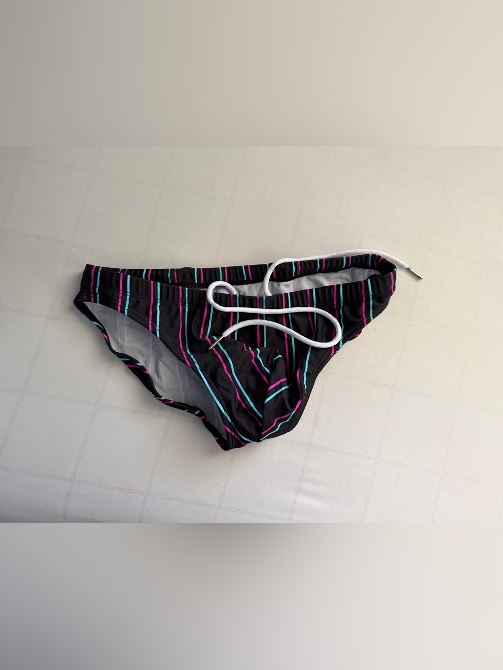 Black Striped Mens Bikini Bottom with Pink and Blue Accents